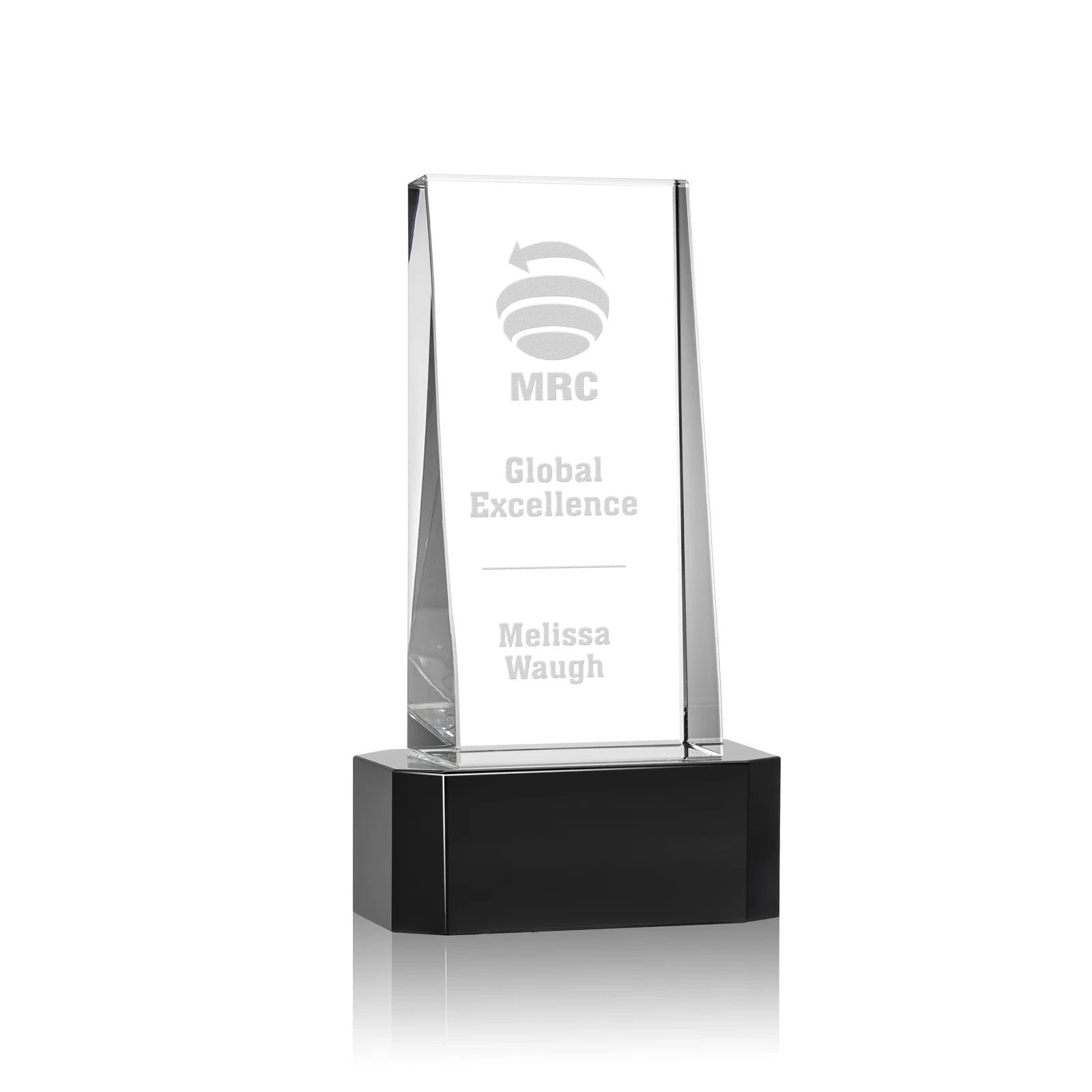 Custom Optical Crystal Slant-Front Tower Award on Clear Base, awards for company anniversary events