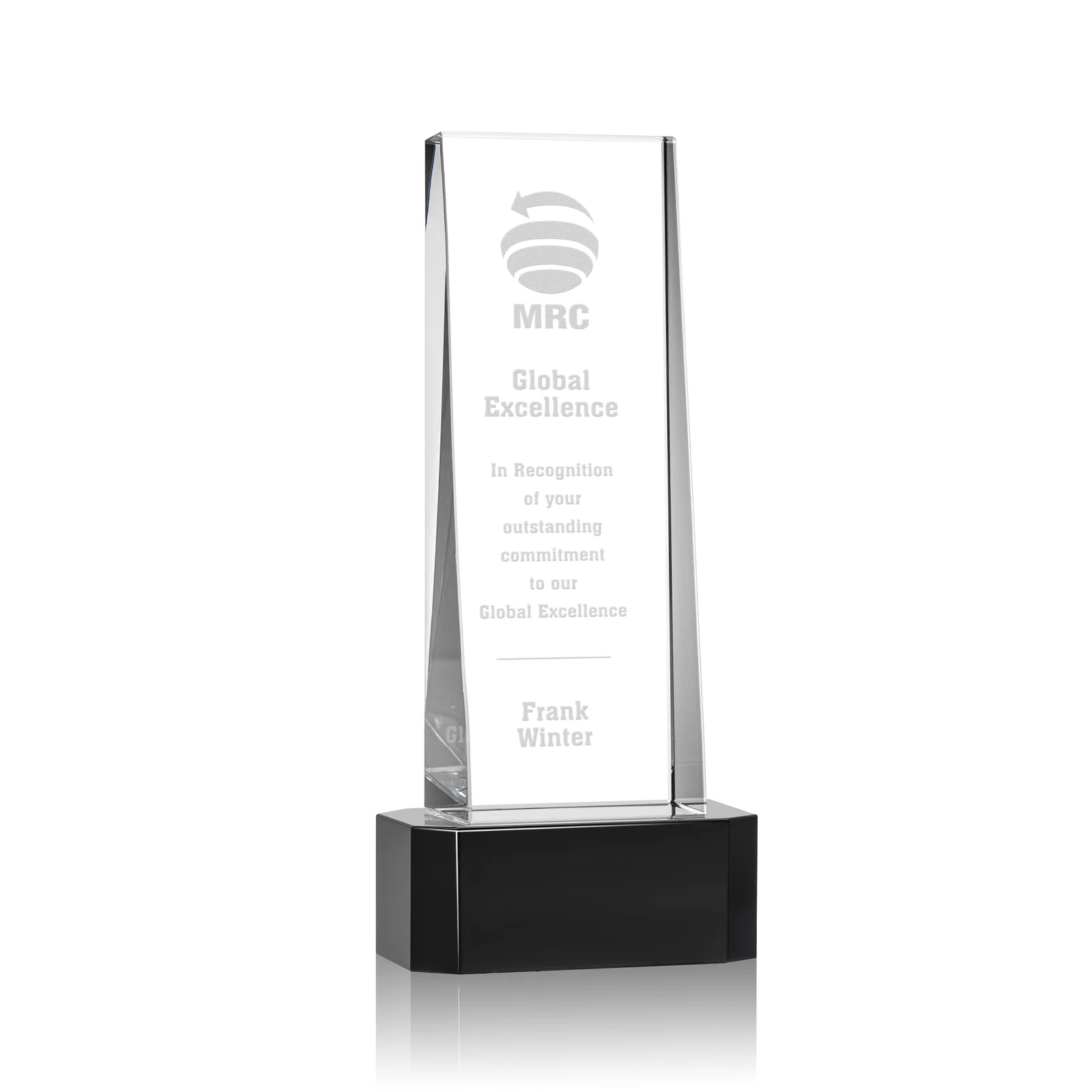 Personalized Optical Crystal Slant-Front Tower Award on Clear Base, awards for employee recognition