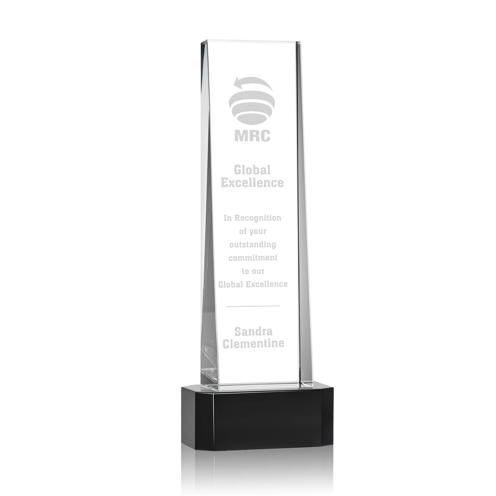 Personalized Optical Crystal Slant-Front Tower Award on Clear Base, awards for corporate award ceremonies