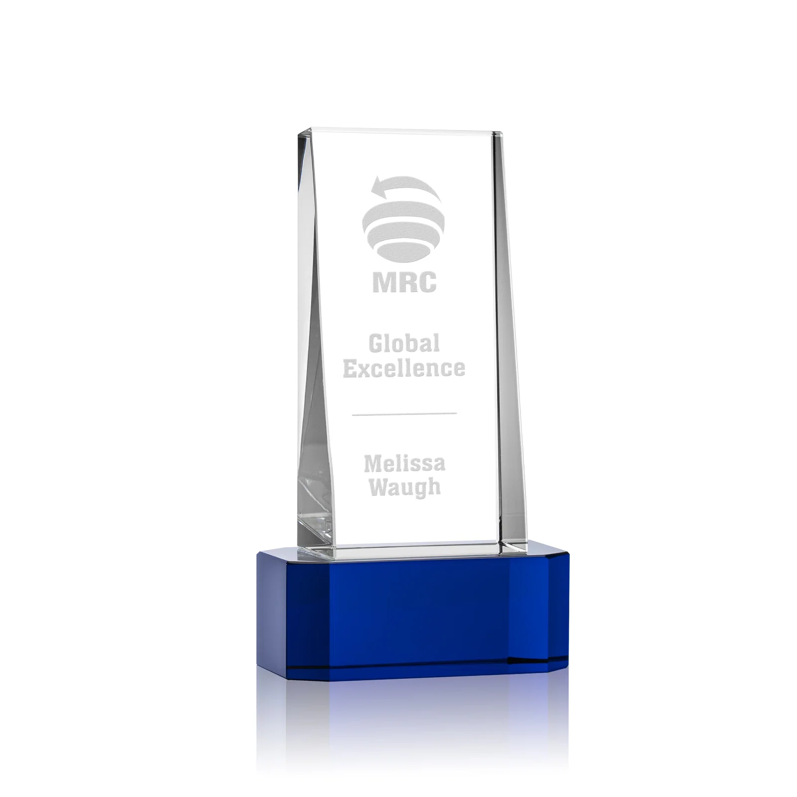 Personalized Optical Crystal Slant-Front Tower Award on Clear Base, awards for retirement presentations