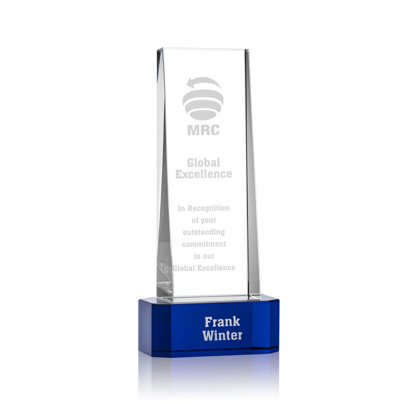 Personalized Optical Crystal Slant-Front Tower Award on Clear Base, awards for team milestone celebrations