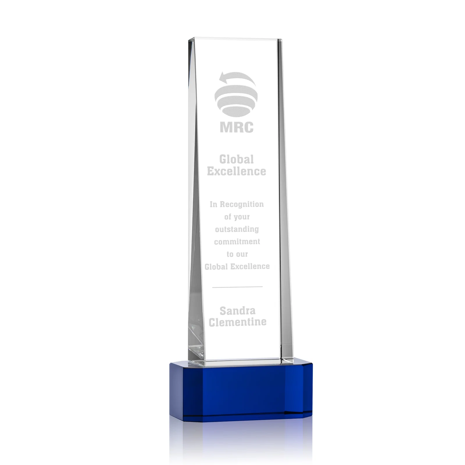 Personalized Optical Crystal Slant-Front Tower Award on Clear Base, awards for donor appreciation