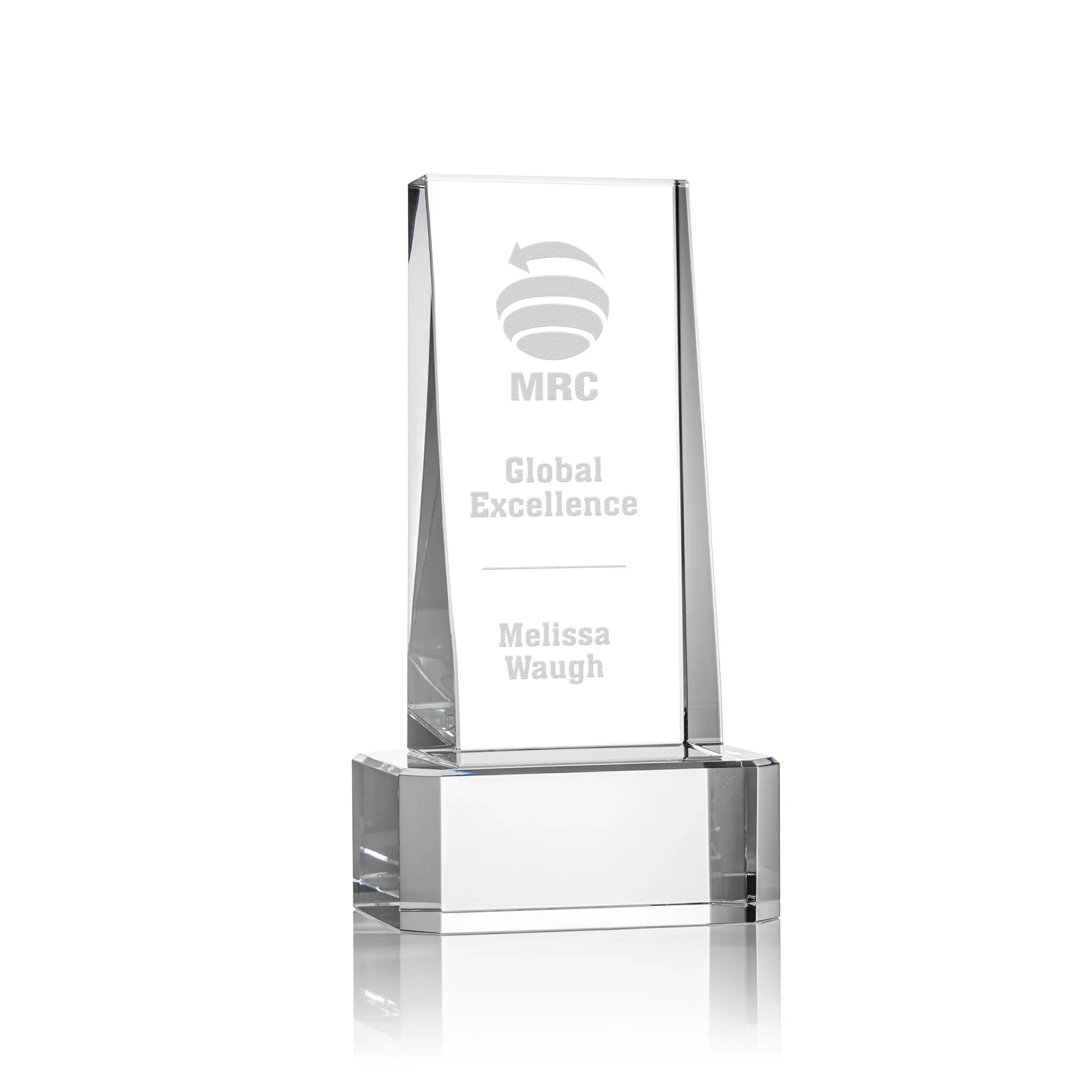 Custom Optical Crystal Slant-Front Tower Award on Clear Base, awards for corporate award ceremonies