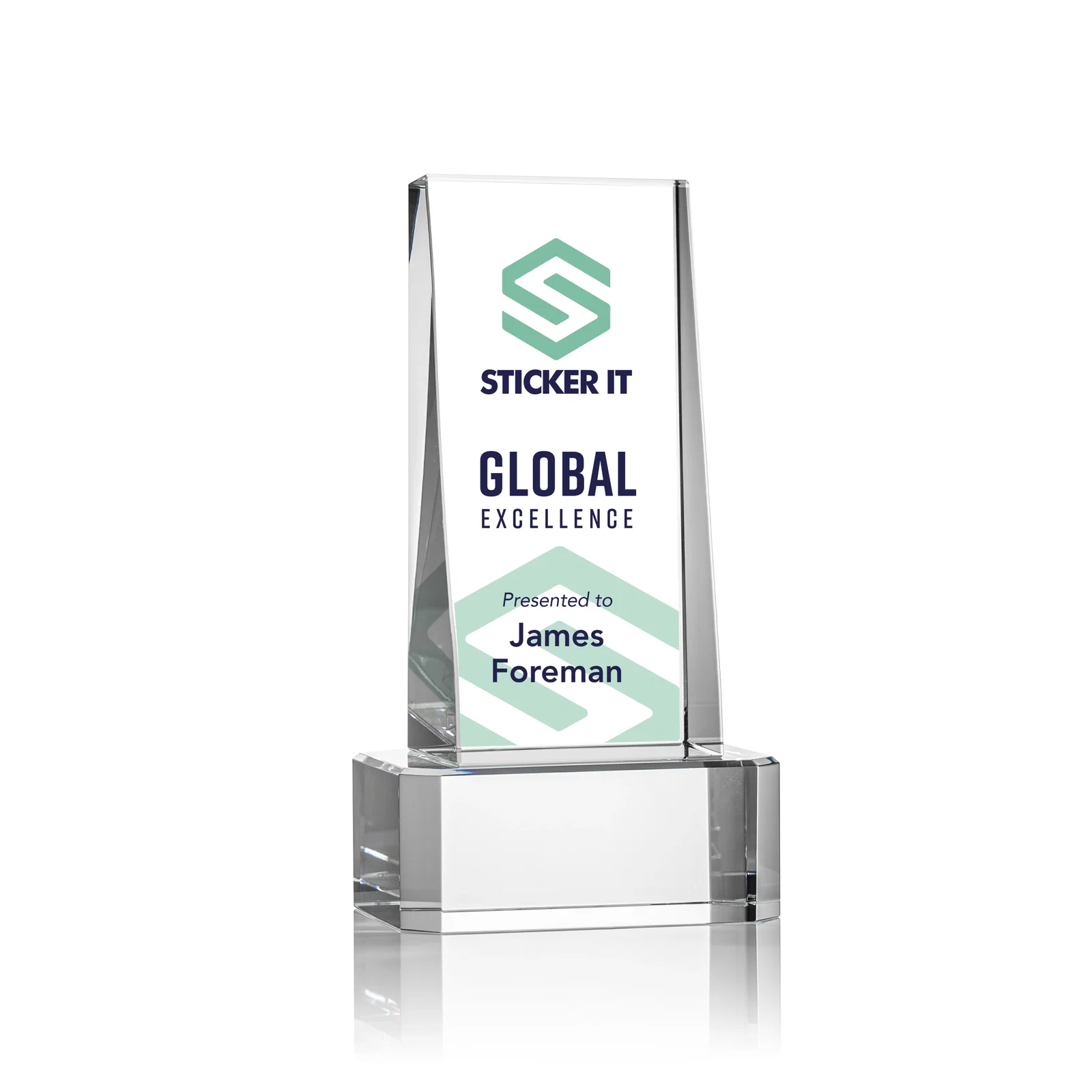 Personalized Optical Crystal Slant-Front Tower Award on Clear Base, awards for volunteer appreciation