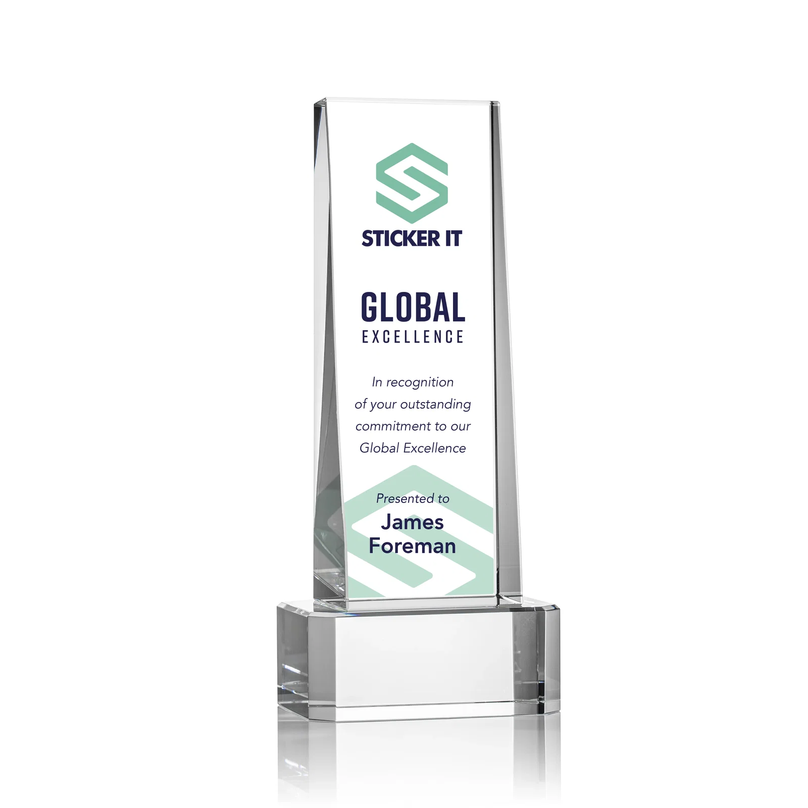 Personalized Optical Crystal Slant-Front Tower Award on Clear Base, awards for dealer and partner awards