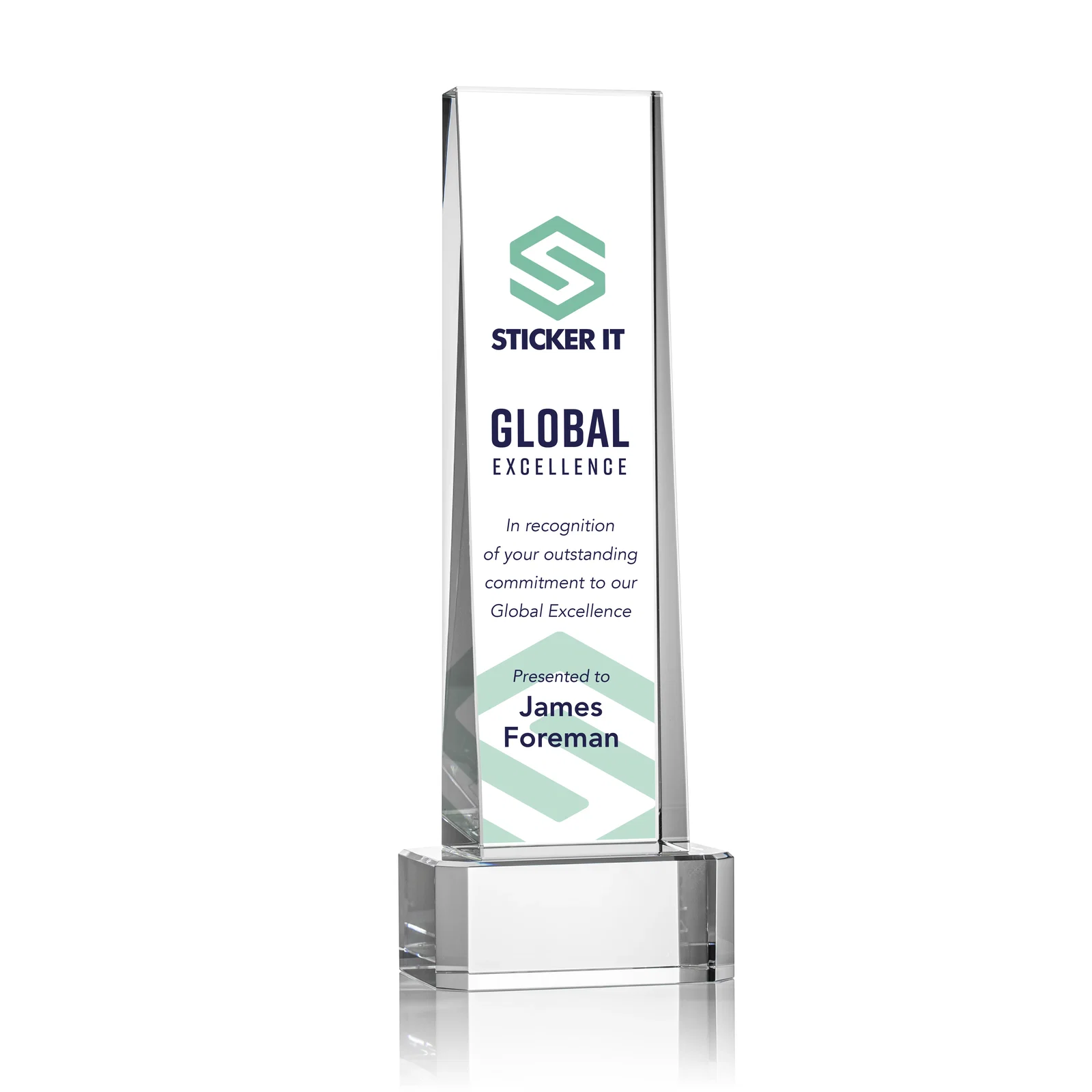 Personalized Optical Crystal Slant-Front Tower Award on Clear Base, awards for company anniversary events