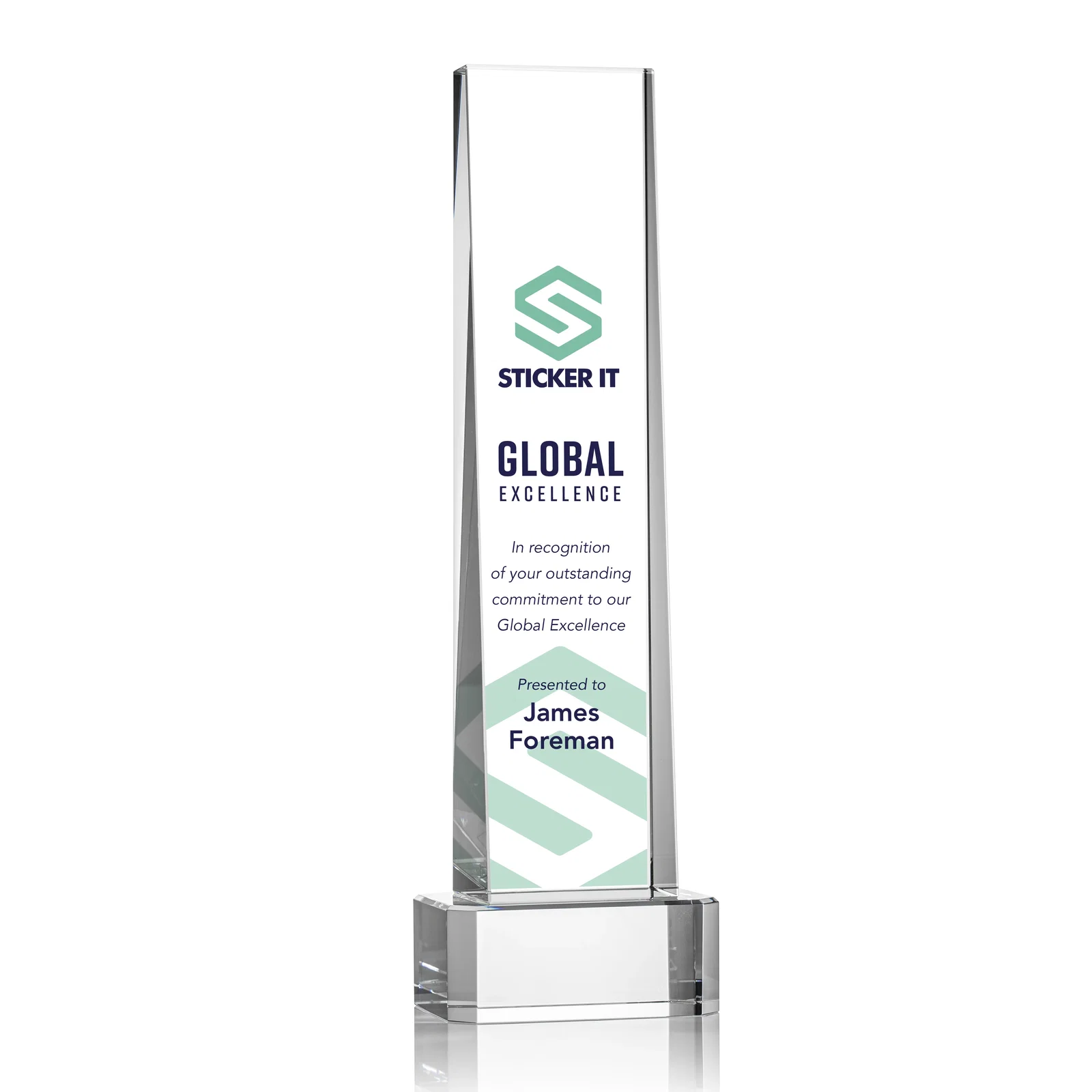 Promotional Optical Crystal Slant-Front Tower Award on Clear Base, awards for employee recognition