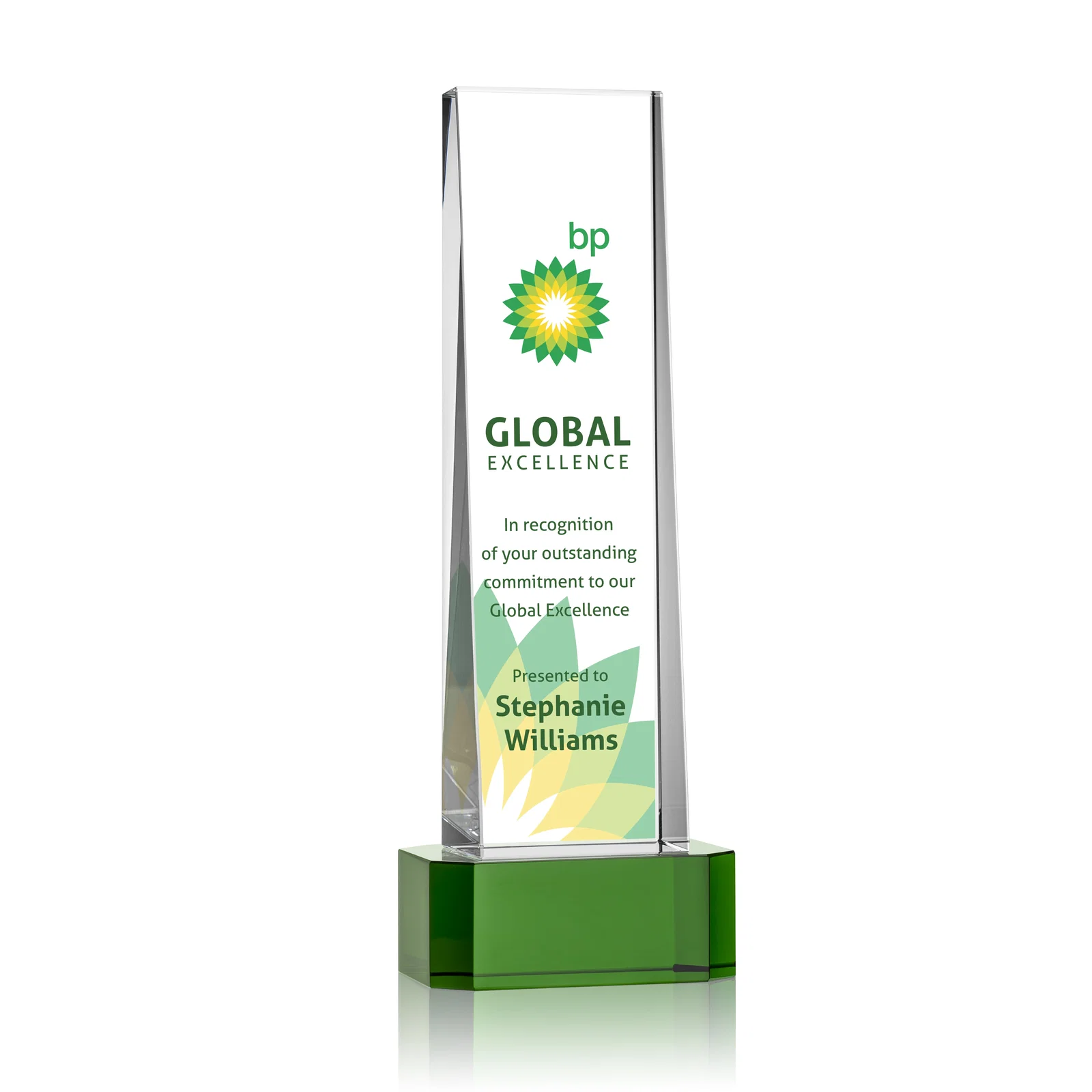 Promotional Optical Crystal Slant-Front Tower Award on Clear Base, awards for retirement presentations