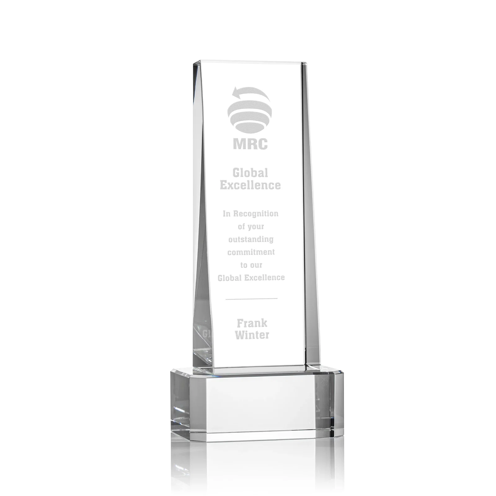 Custom Optical Crystal Slant-Front Tower Award on Clear Base, awards for service anniversary gifts