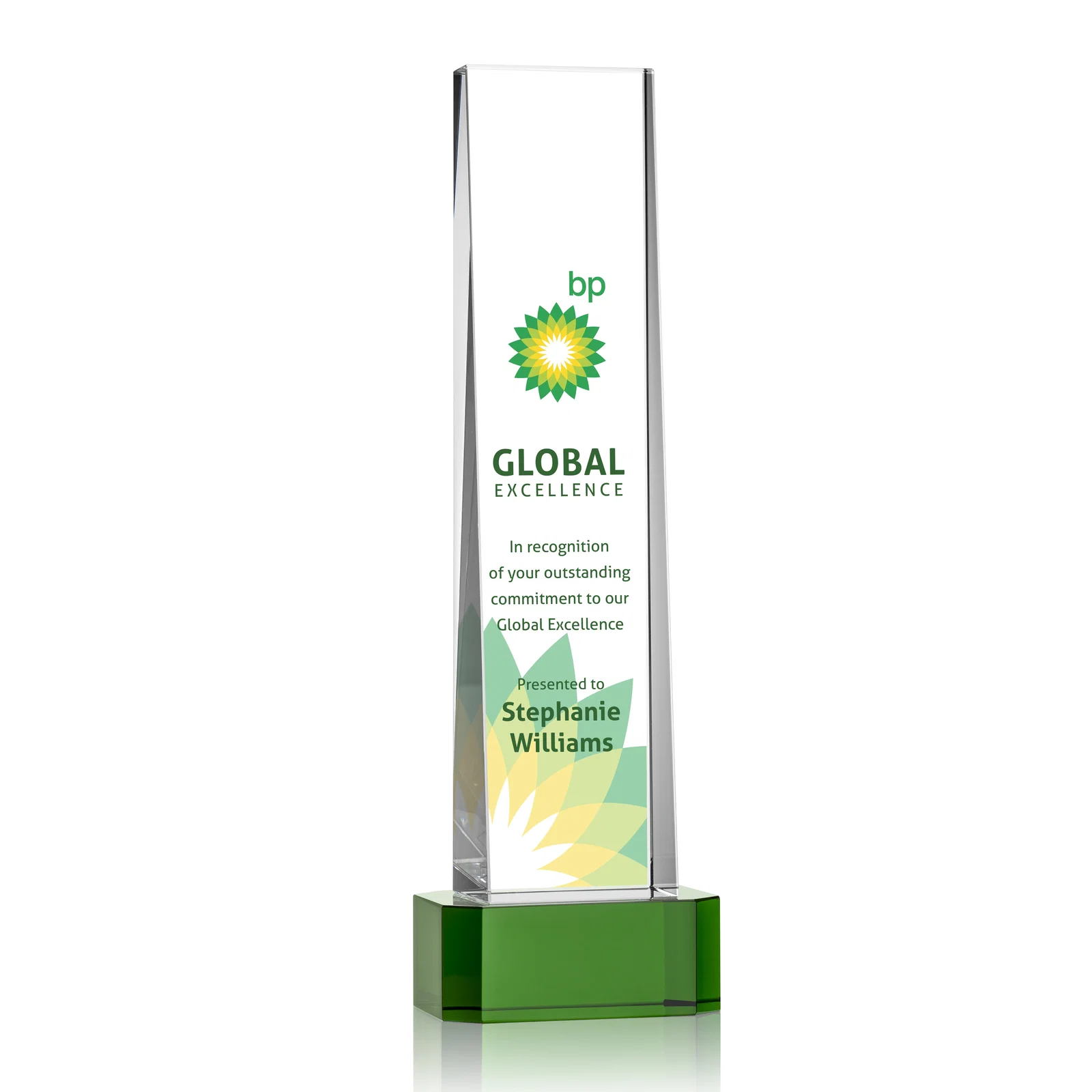Promotional Optical Crystal Slant-Front Tower Award on Clear Base, awards for team milestone celebrations