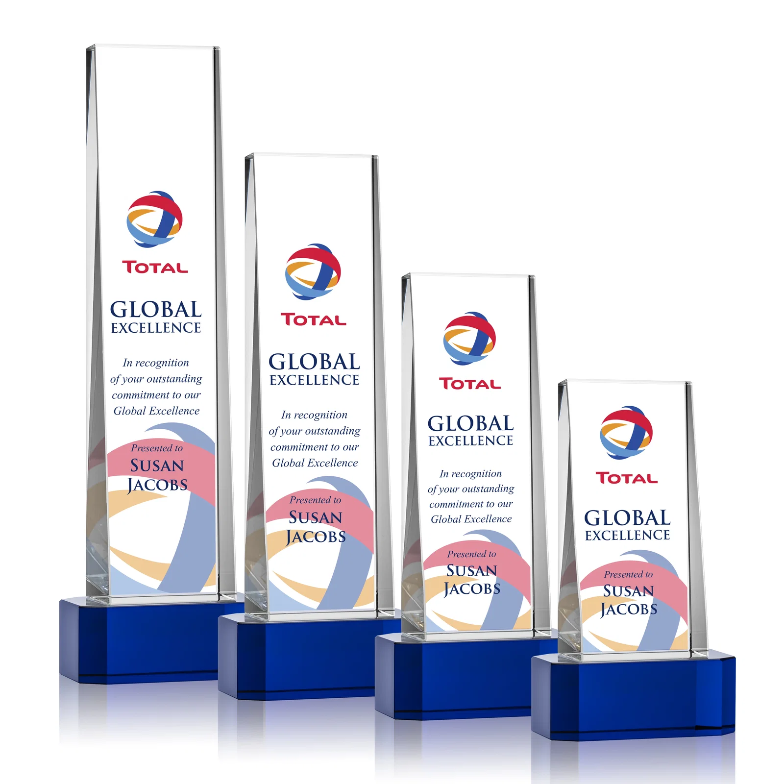 Promotional Optical Crystal Slant-Front Tower Award on Clear Base, awards for company anniversary events