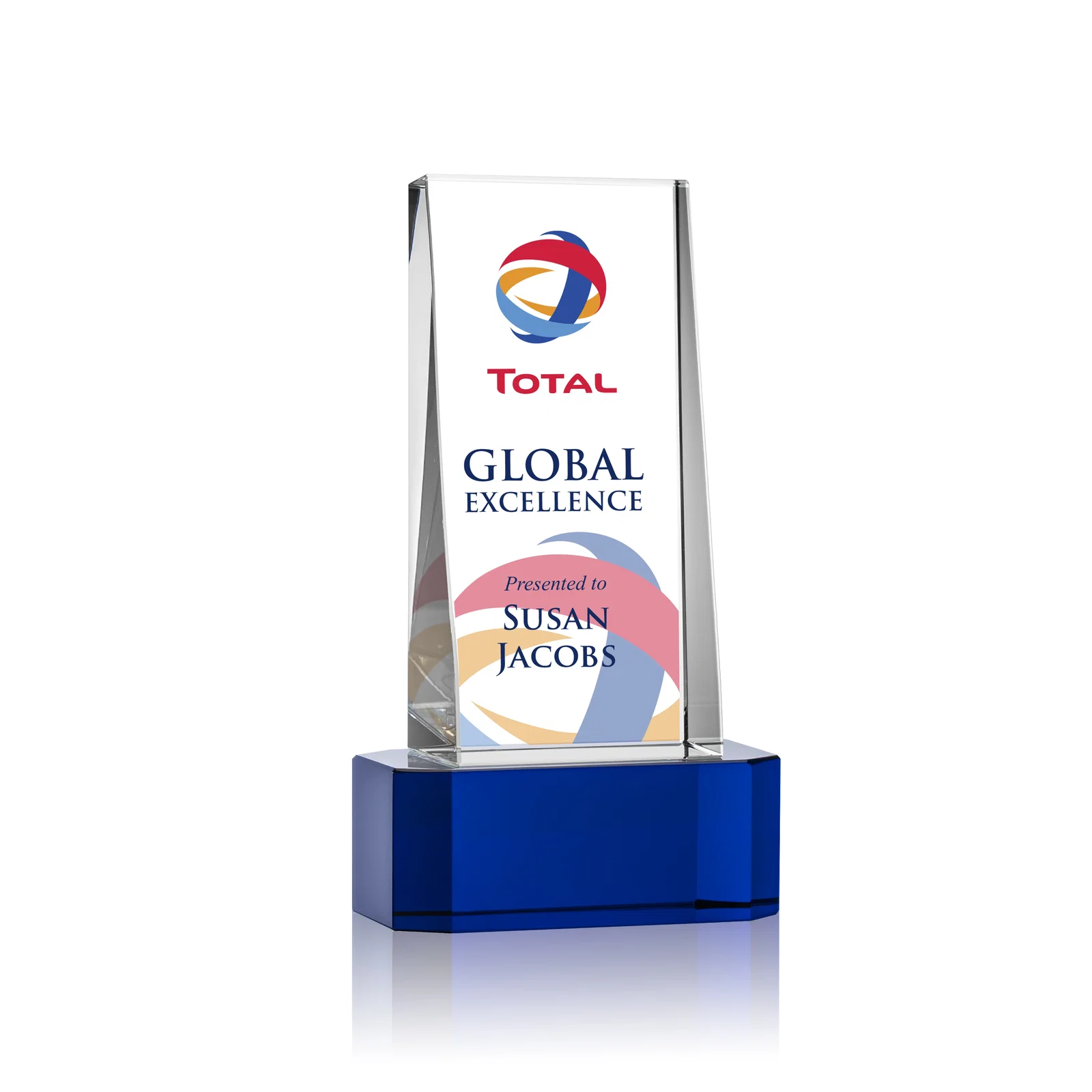 Branded Optical Crystal Slant-Front Tower Award on Clear Base, awards for employee recognition