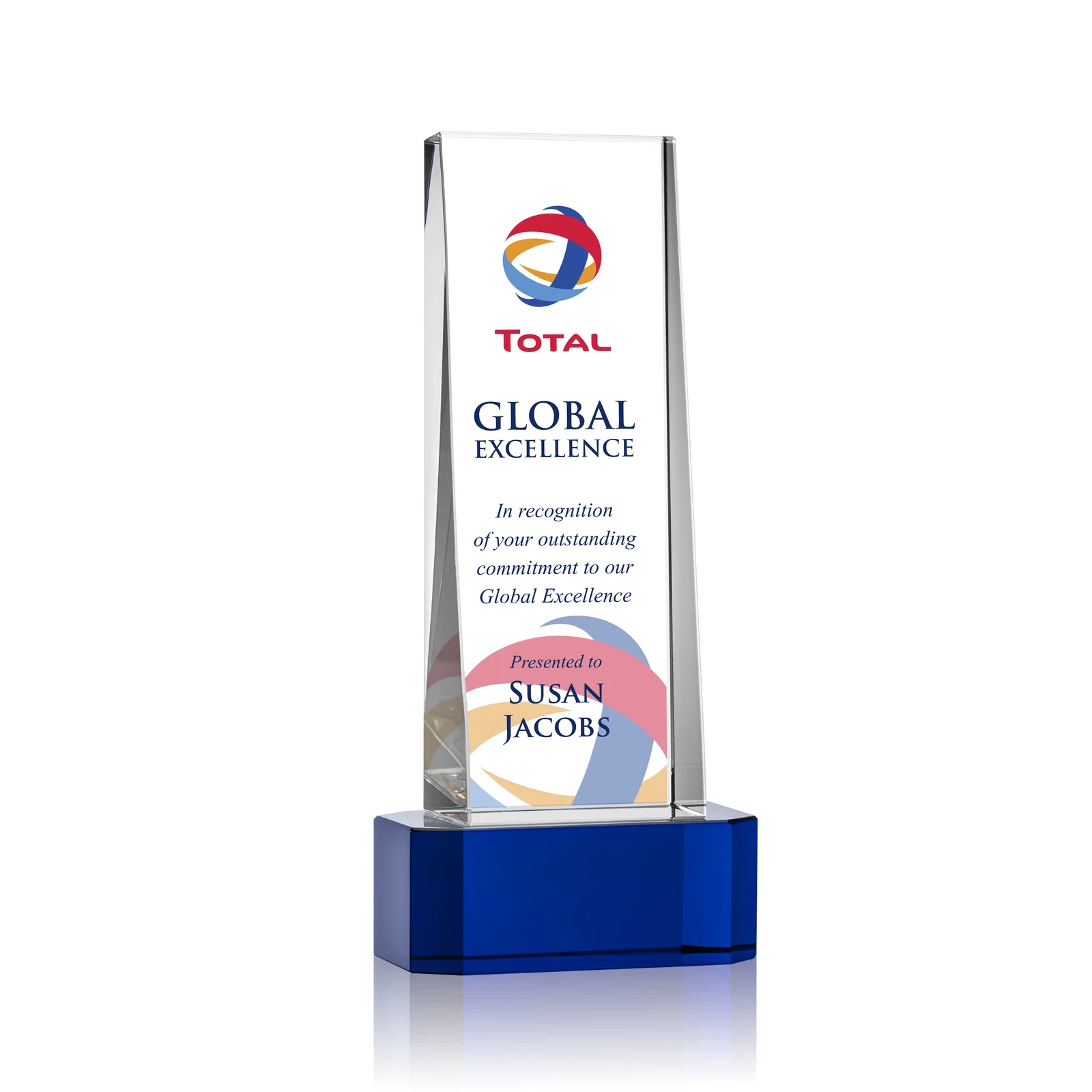 Branded Optical Crystal Slant-Front Tower Award on Clear Base, awards for corporate award ceremonies