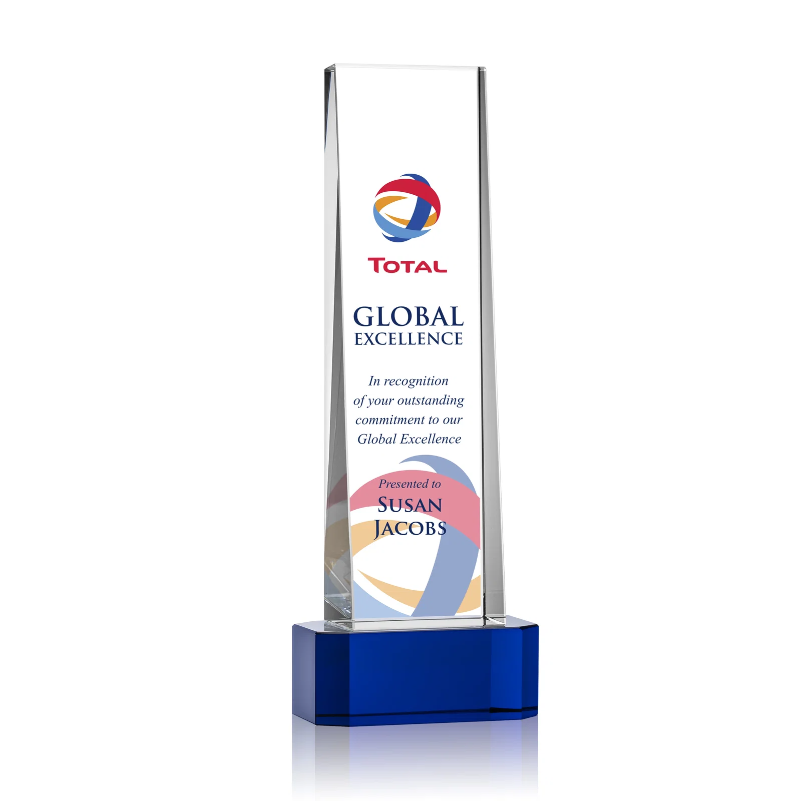 Branded Optical Crystal Slant-Front Tower Award on Clear Base, awards for service anniversary gifts