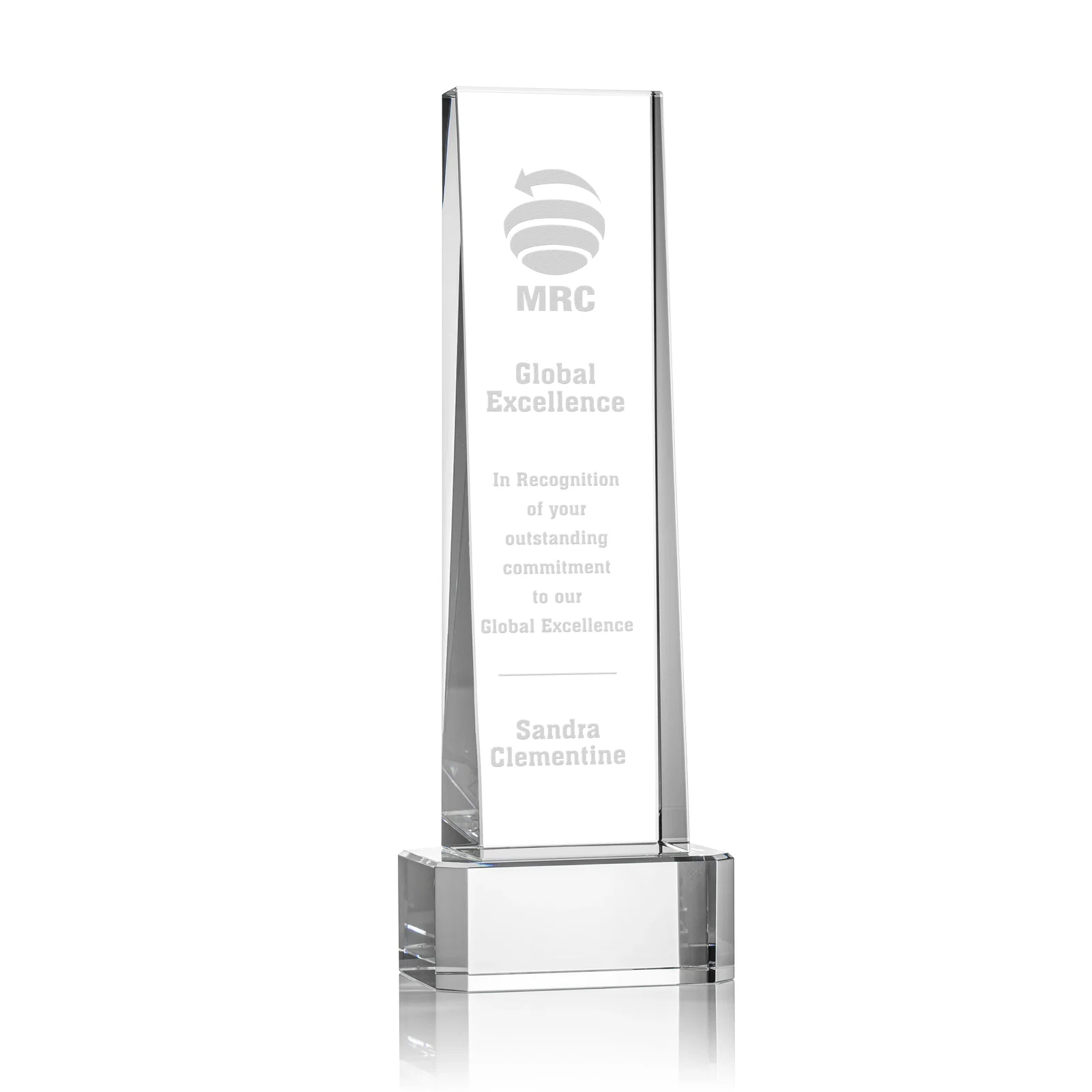 Custom Optical Crystal Slant-Front Tower Award on Clear Base, awards for sales achievement awards