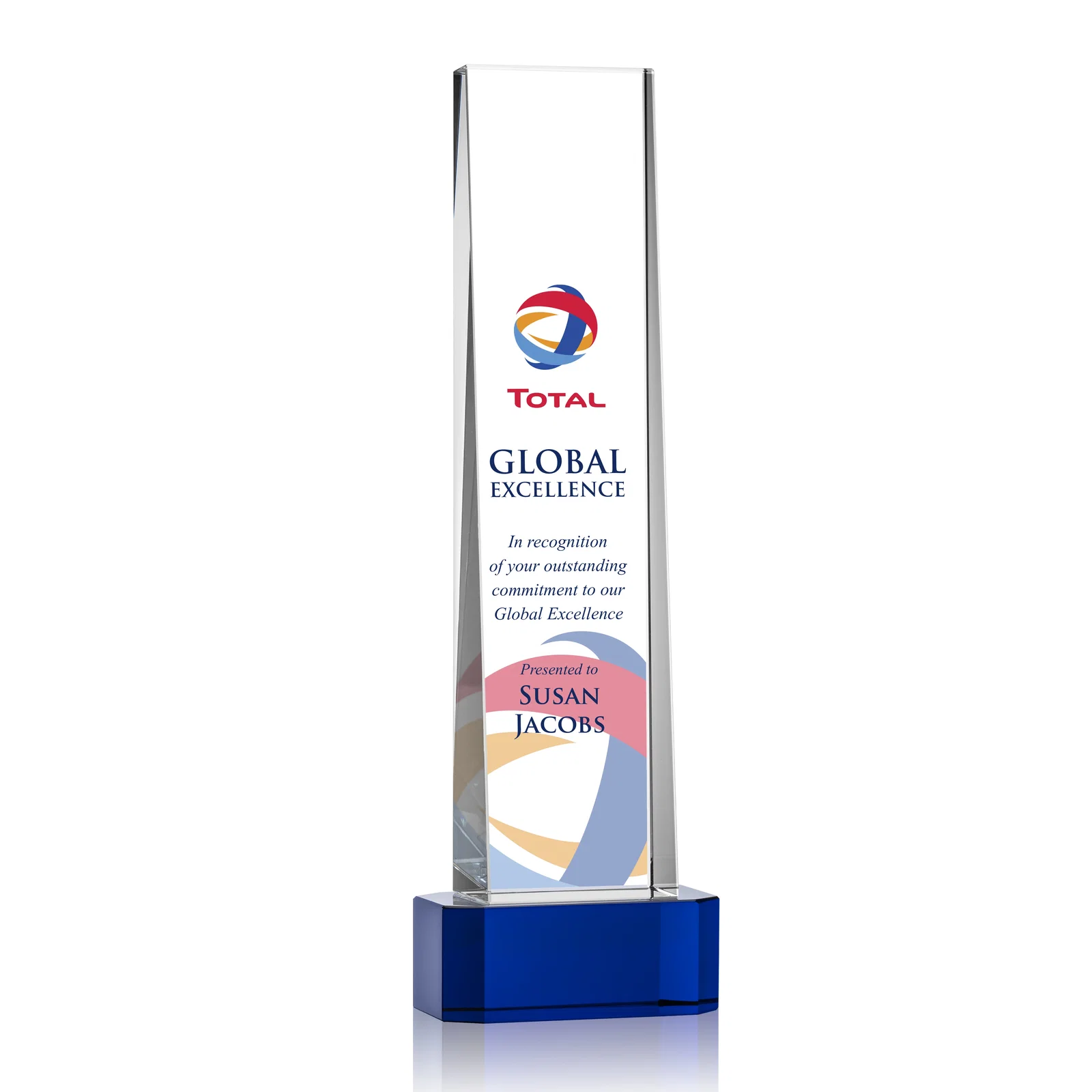 Branded Optical Crystal Slant-Front Tower Award on Clear Base, awards for sales achievement awards