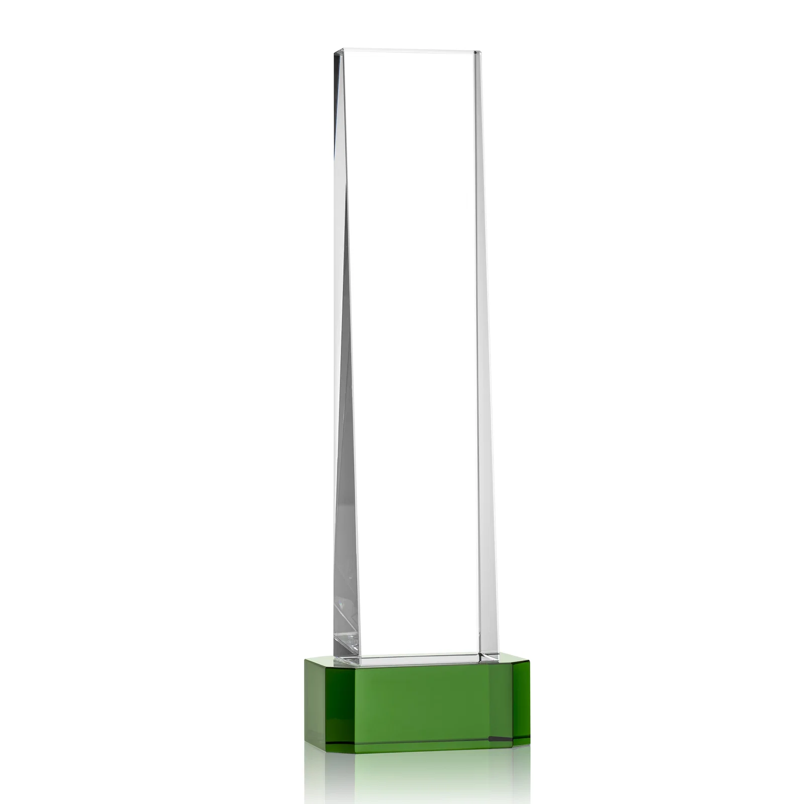 Branded Optical Crystal Slant-Front Tower Award on Clear Base, awards for company anniversary events