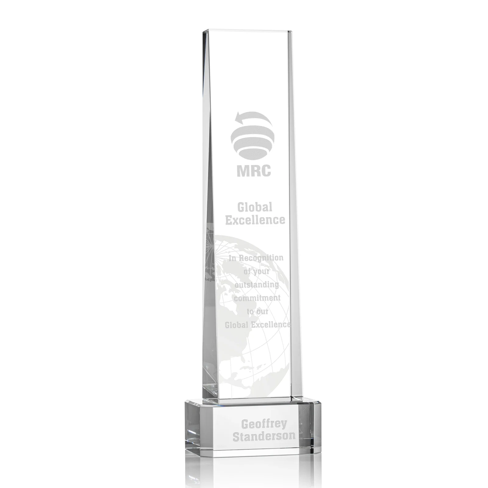 Custom Optical Crystal Slant-Front Tower Award on Clear Base, awards for retirement presentations