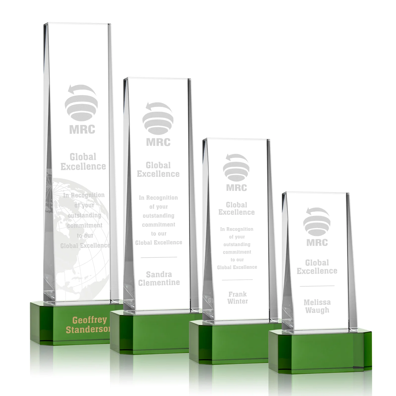 Custom Optical Crystal Slant-Front Tower Award on Clear Base, awards for team milestone celebrations