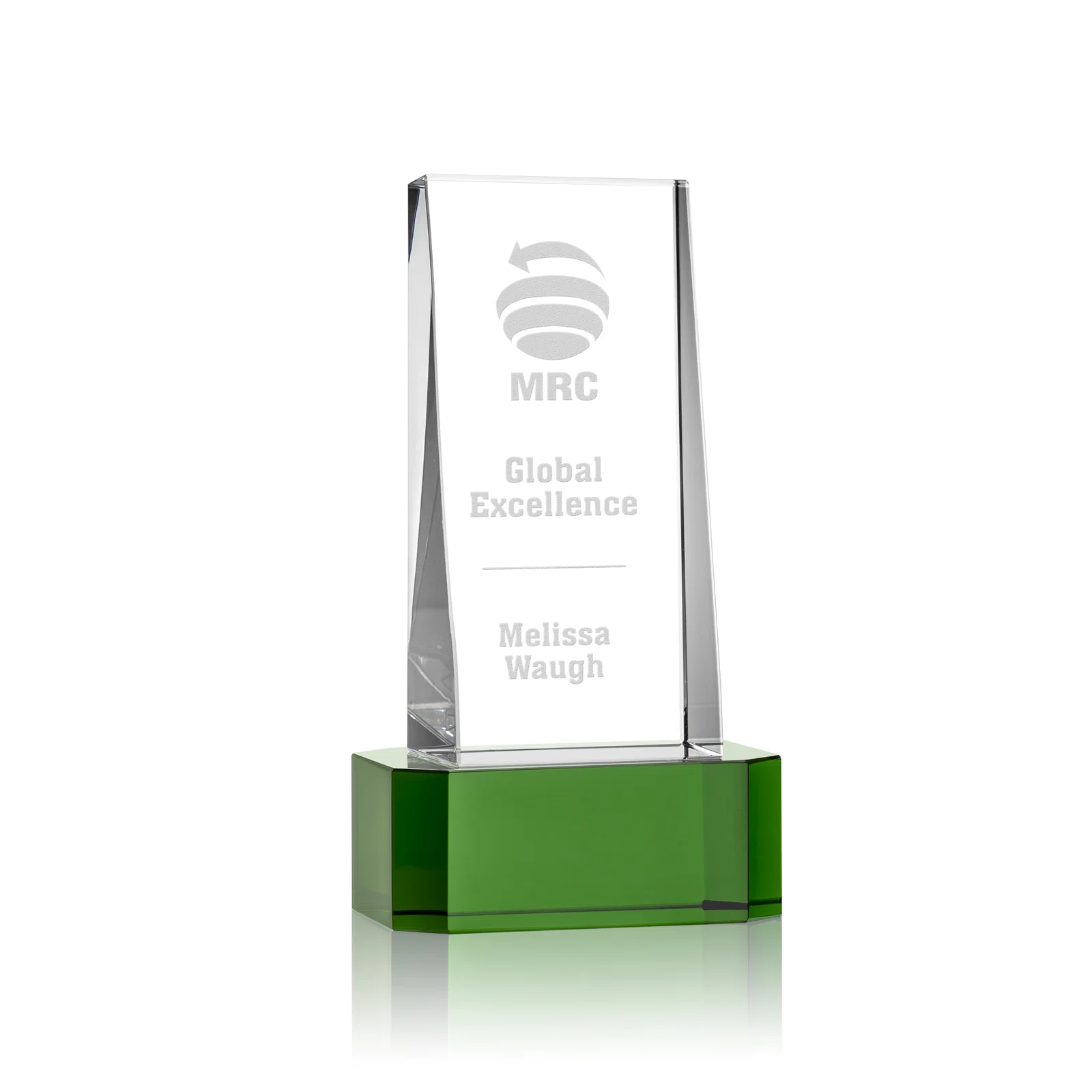 Custom Optical Crystal Slant-Front Tower Award on Clear Base, awards for donor appreciation