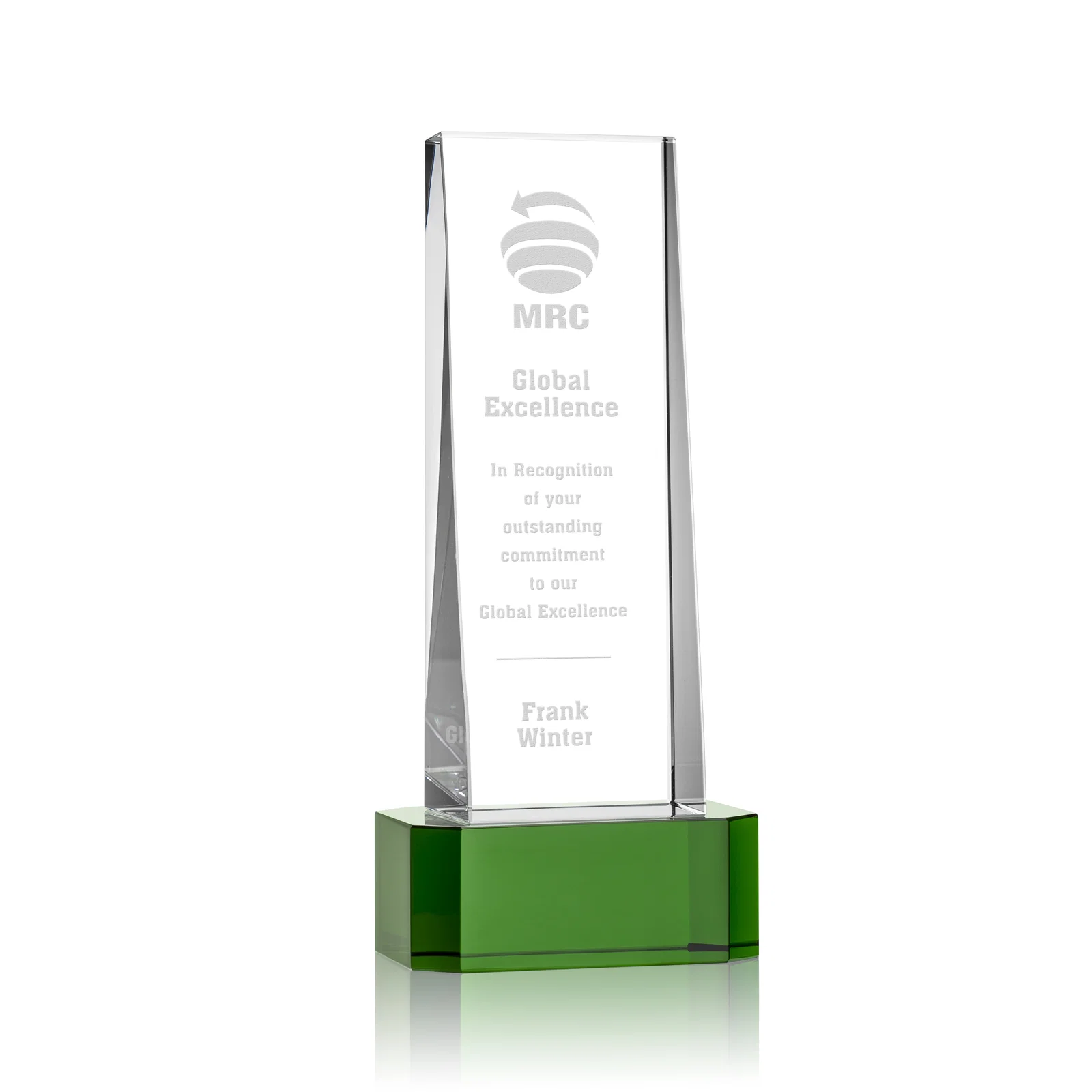 Custom Optical Crystal Slant-Front Tower Award on Clear Base, awards for graduation ceremonies