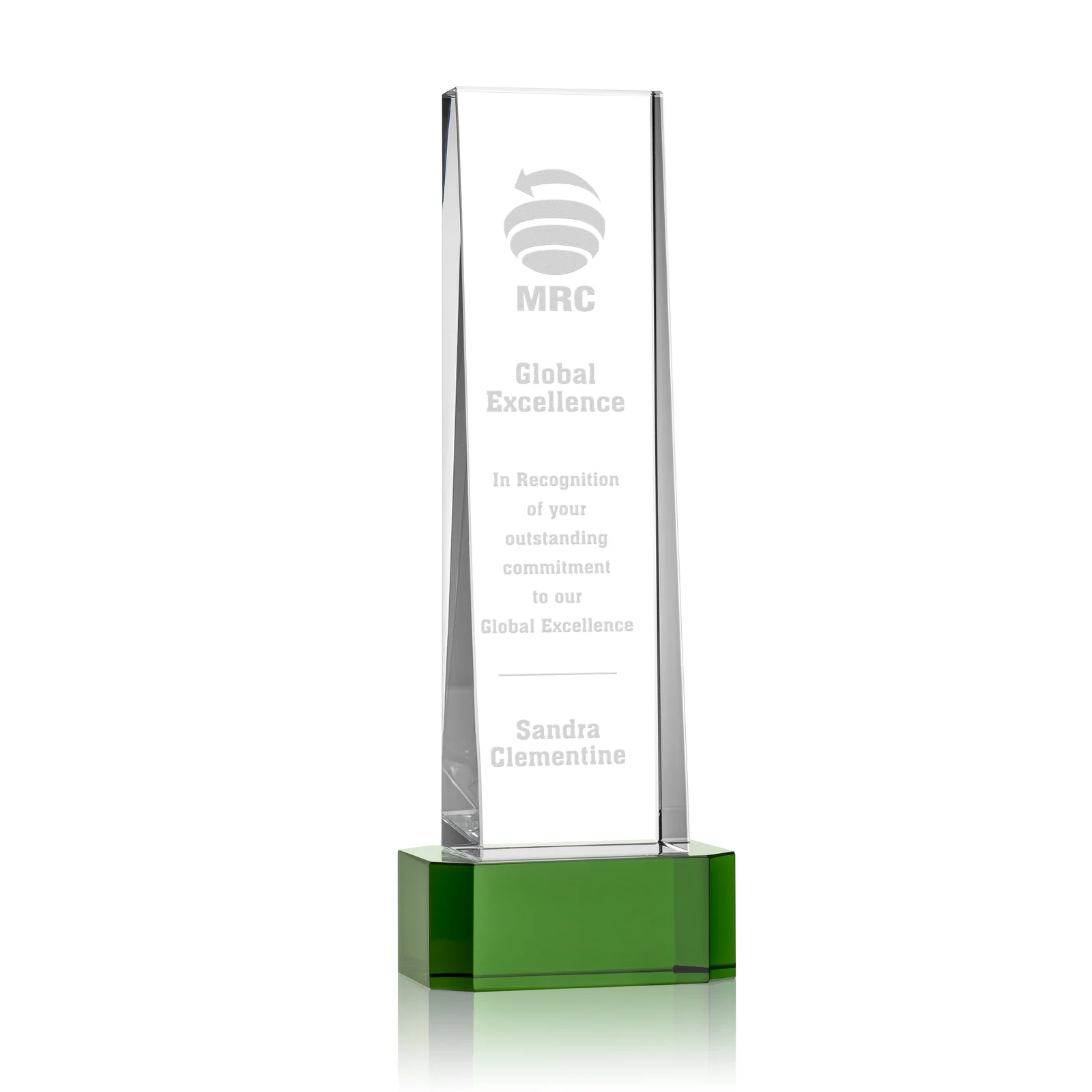 Custom Optical Crystal Slant-Front Tower Award on Clear Base, awards for safety achievement programs