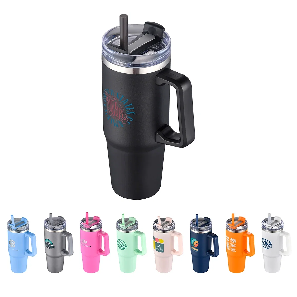 Custom Milo 30 oz Vacuum Insulated Stainless Steel Mug with Straw, front view of the branded mug