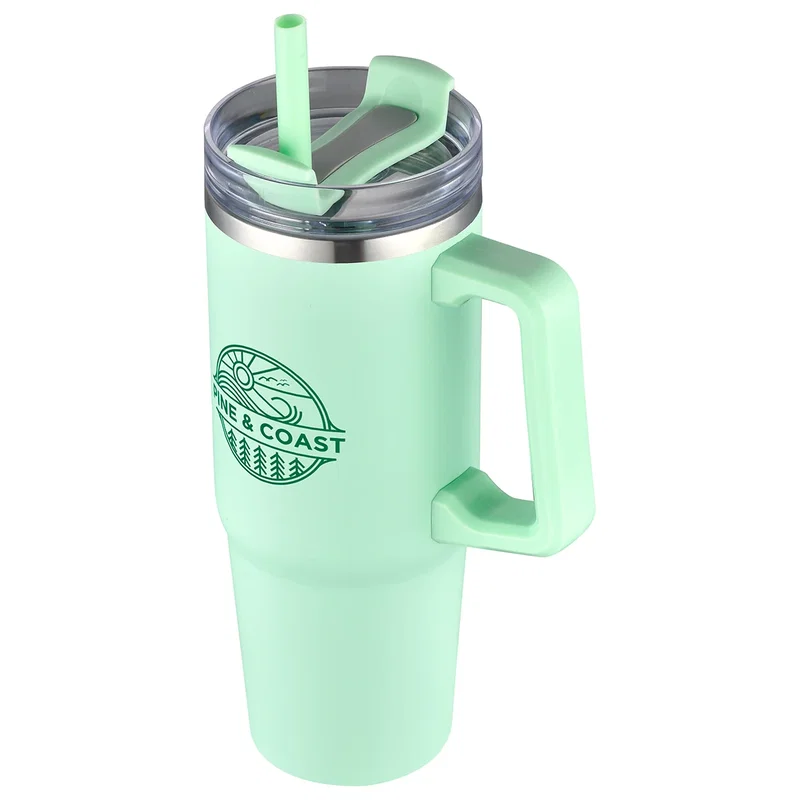 Angled view of the custom Milo Vacuum Insulated Mug showing the double-wall construction