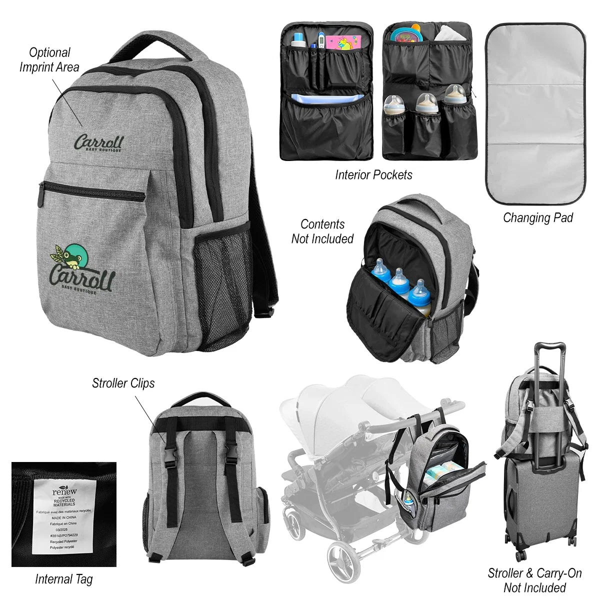 Front zip pocket opened to show baby essentials storage