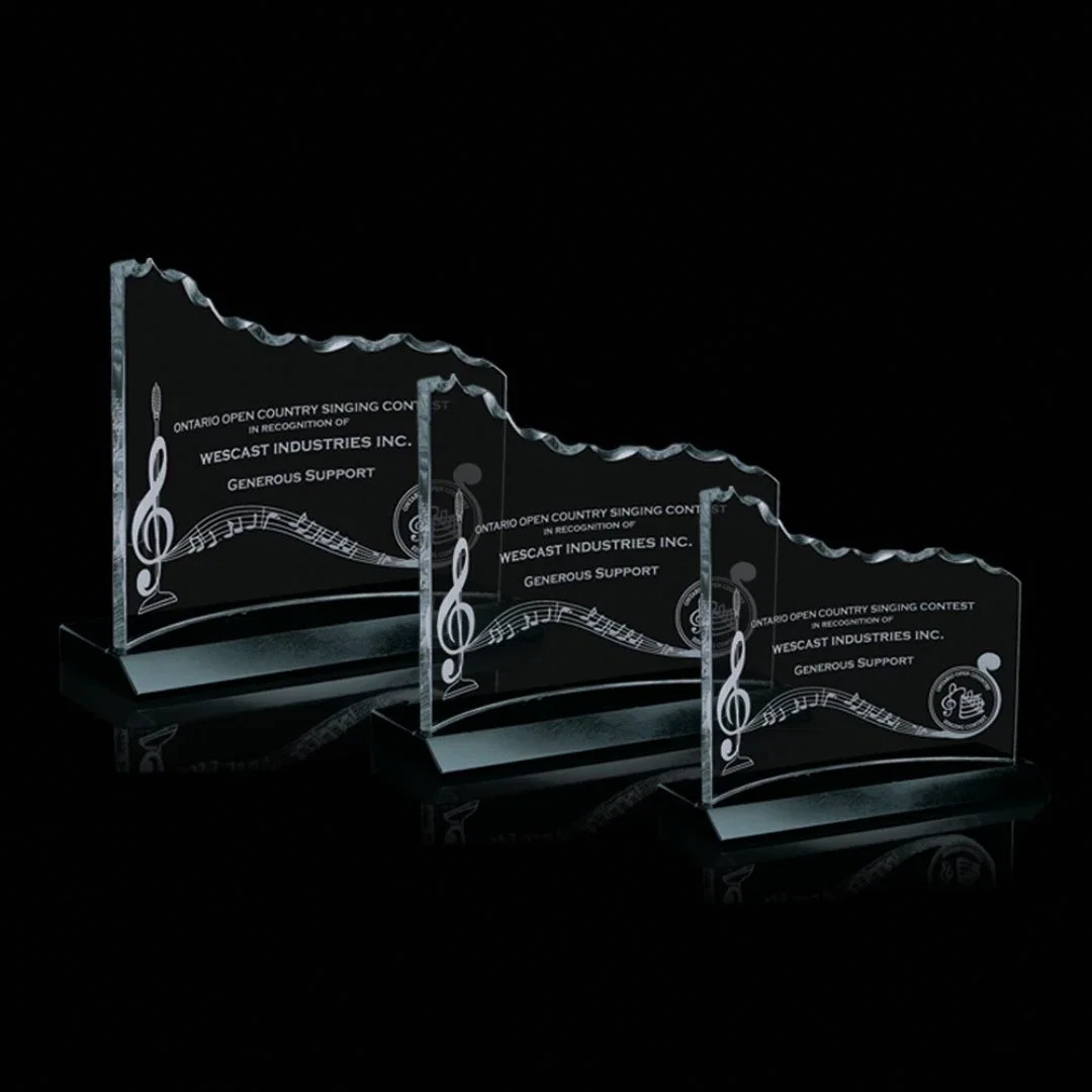 Custom Jade Glass Crescent Award On Marble Base With Optional Second Etch for employee recognition