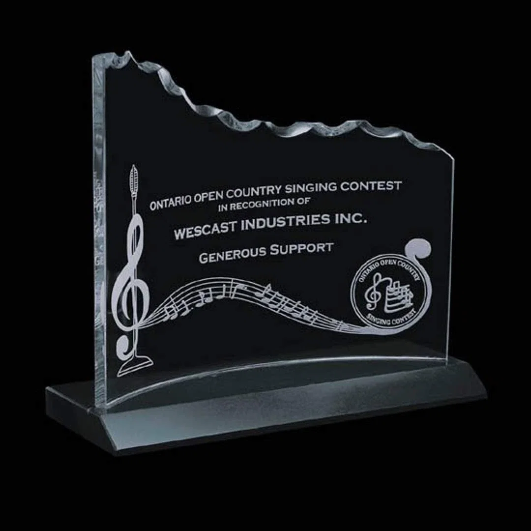 Custom Jade Glass Crescent Award On Marble Base With Optional Second Etch for corporate award ceremonies
