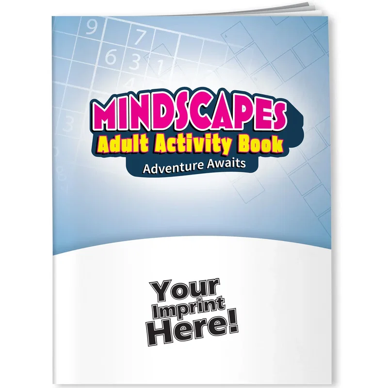Mindscapes Adventure Awaits activity book front cover with brain-workout puzzles and coloring