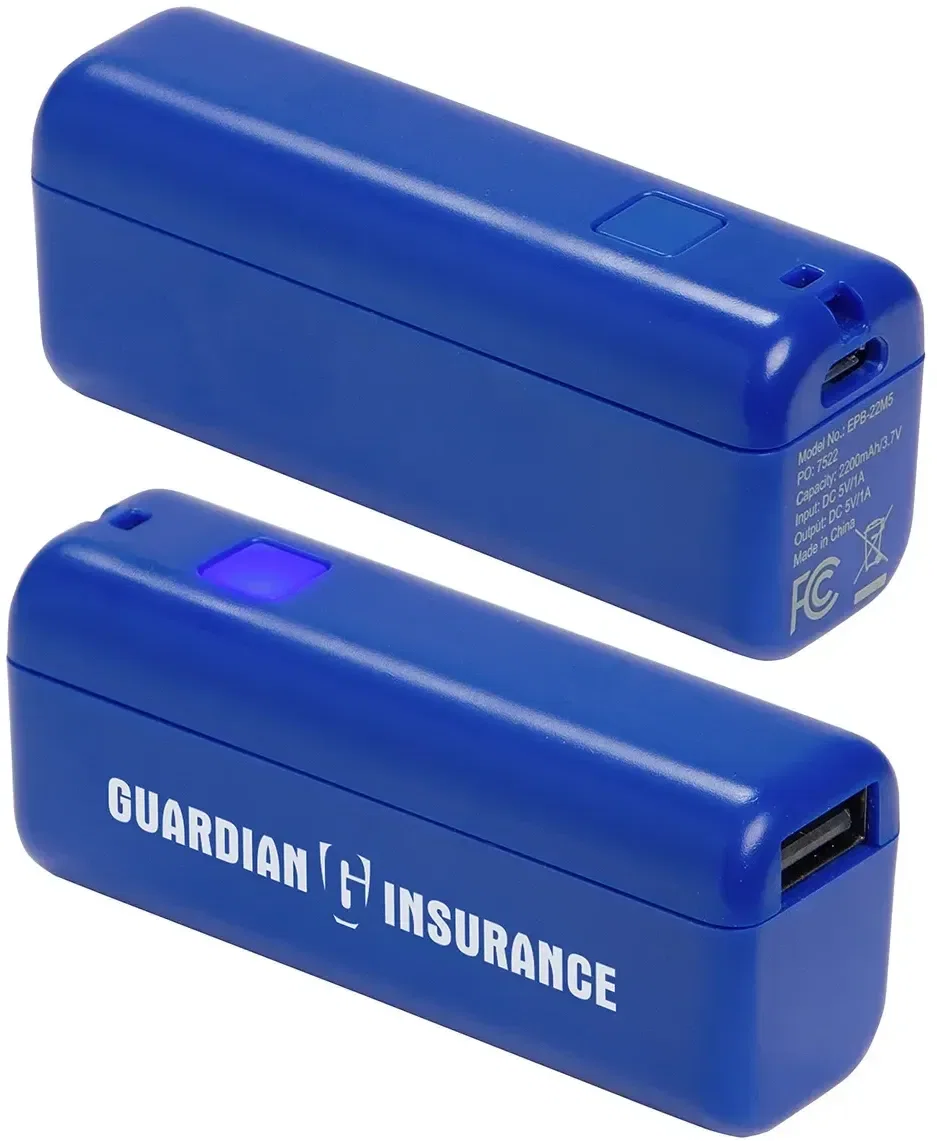 Angled view of the branded Mini LED-indicator promotional power bank