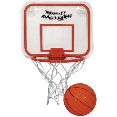 Mini basketball hoop set with a clear backboard and orange markings