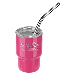 Mini Belmont 3 oz tumbler held in hand, custom branded promotional stainless steel straw tumbler