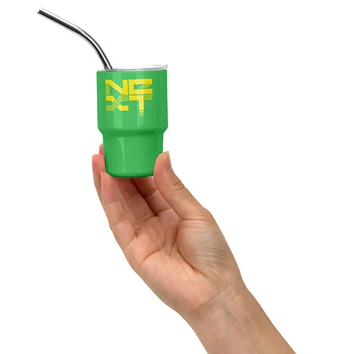 Custom branded Mini Belmont 3 oz tumbler with straw, front view of promotional stainless steel cup