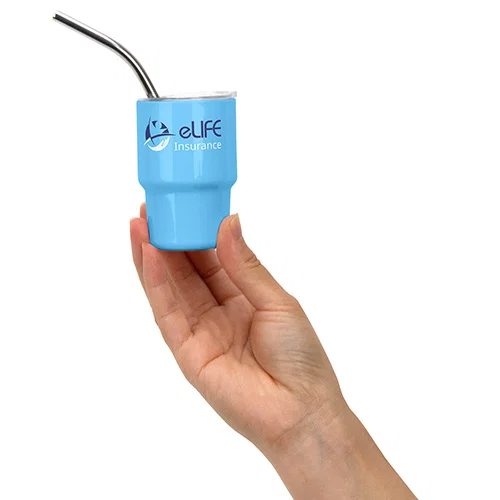 Promotional Mini Belmont 3 oz tumbler, side profile of custom branded stainless steel straw cup
