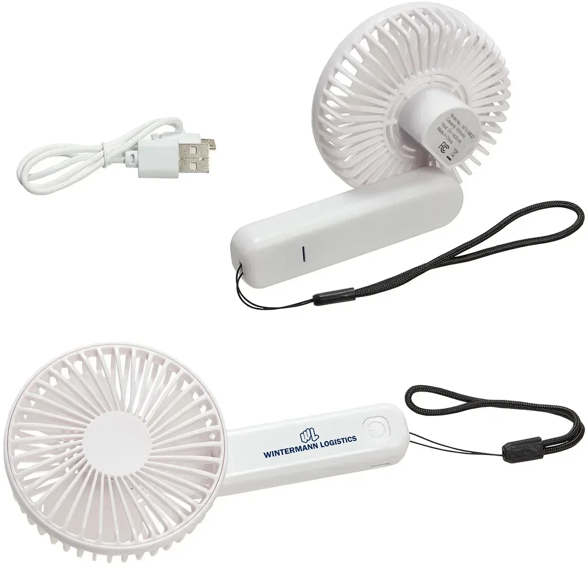 Mini Breeze custom rechargeable hand fan with branded logo, front view