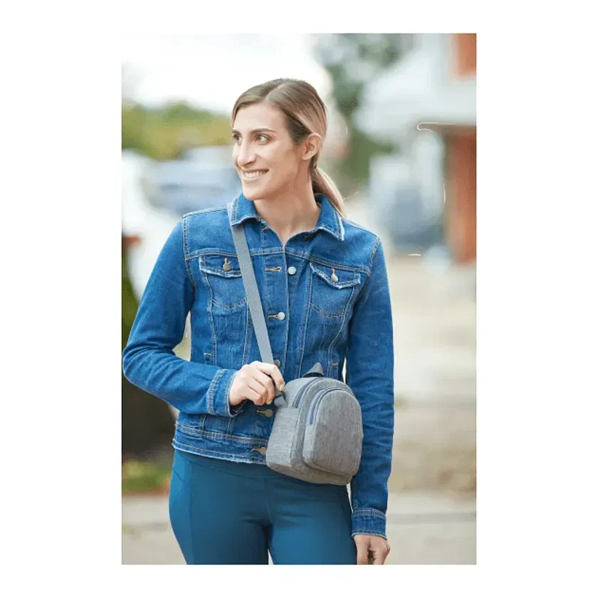 Mini Cross Body Sling with Two Zippered Compartments being worn