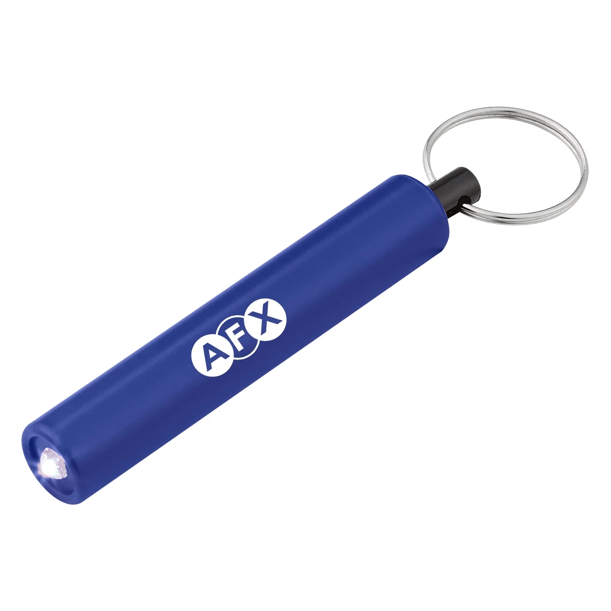Mini cylinder LED flashlight on a key ring, three inches tall