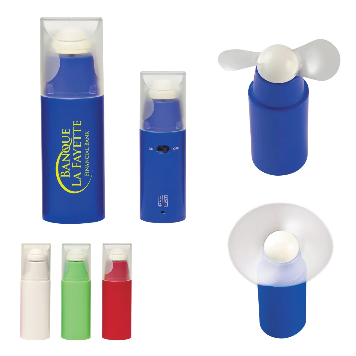 Royal blue mini fan with a removable safety cap