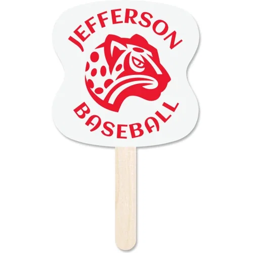 Mini Hand Fan 5x5 inch with wooden handle and UV-coated board, front view
