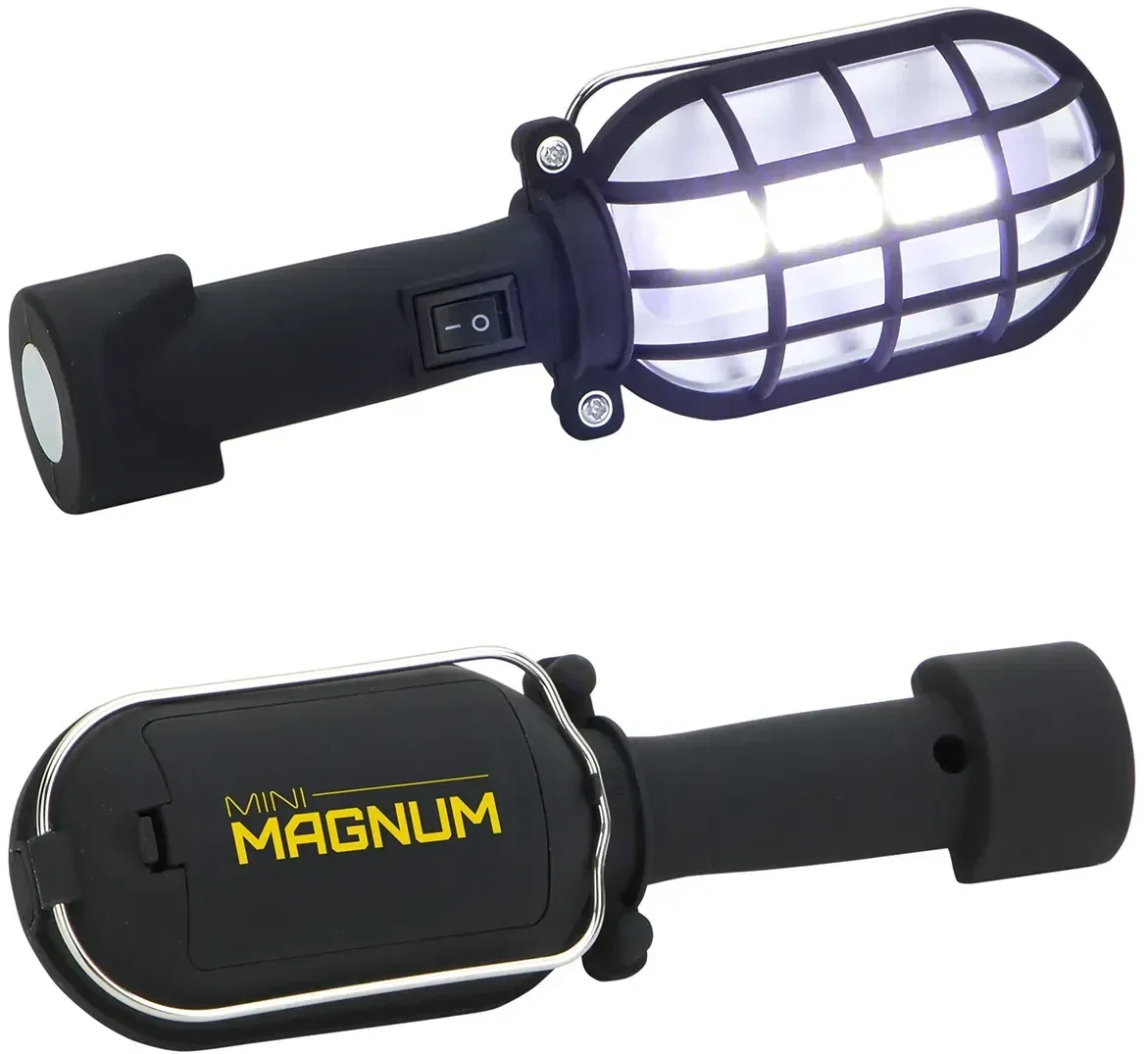 Branded COB work light with folding hanging hook extended for hands-free use