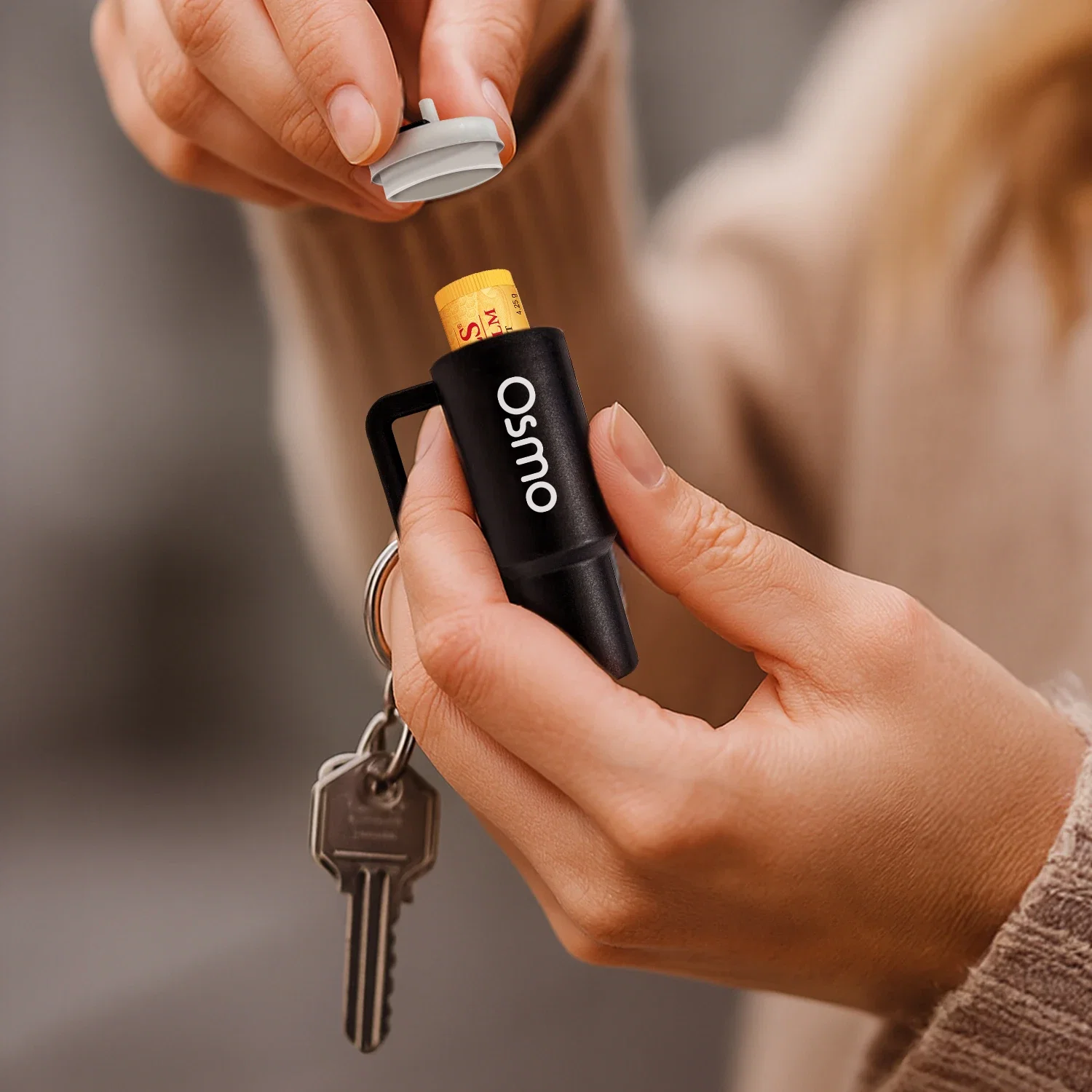 Mini Mug Keychain in use