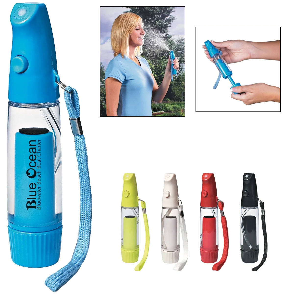 Mini personal mister measuring six inches tall in four color choices