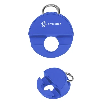 Red holder gripping a smartphone at a hands free viewing angle