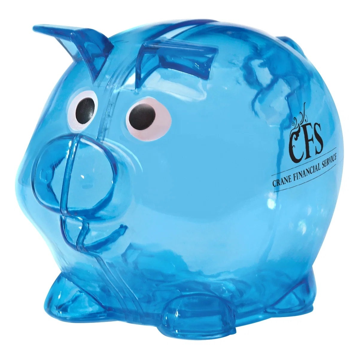 Plastic piggy bank measuring five inches wide and four tall