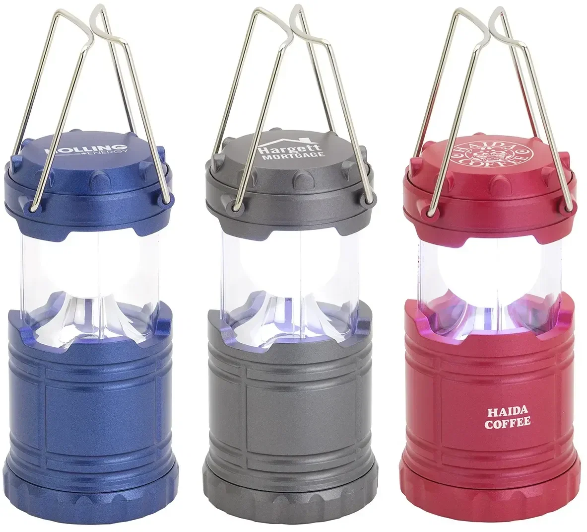 Mini retro magnetic-base LED lantern with custom logo, promotional pop-up lantern front view