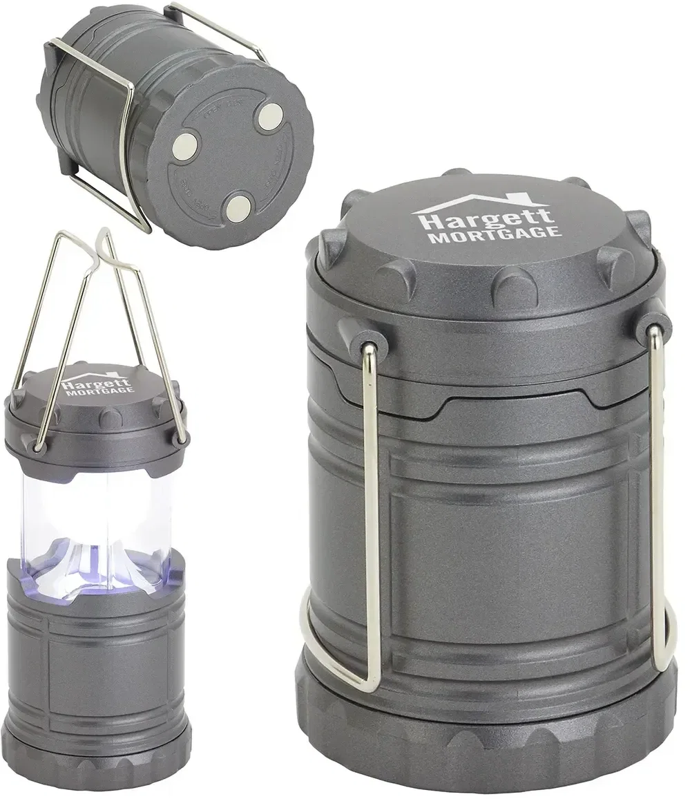 Promotional LED lantern held to a metal surface by its magnetic base
