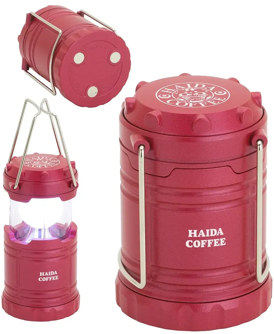 Close-up of logo imprint on promotional mini retro LED lantern